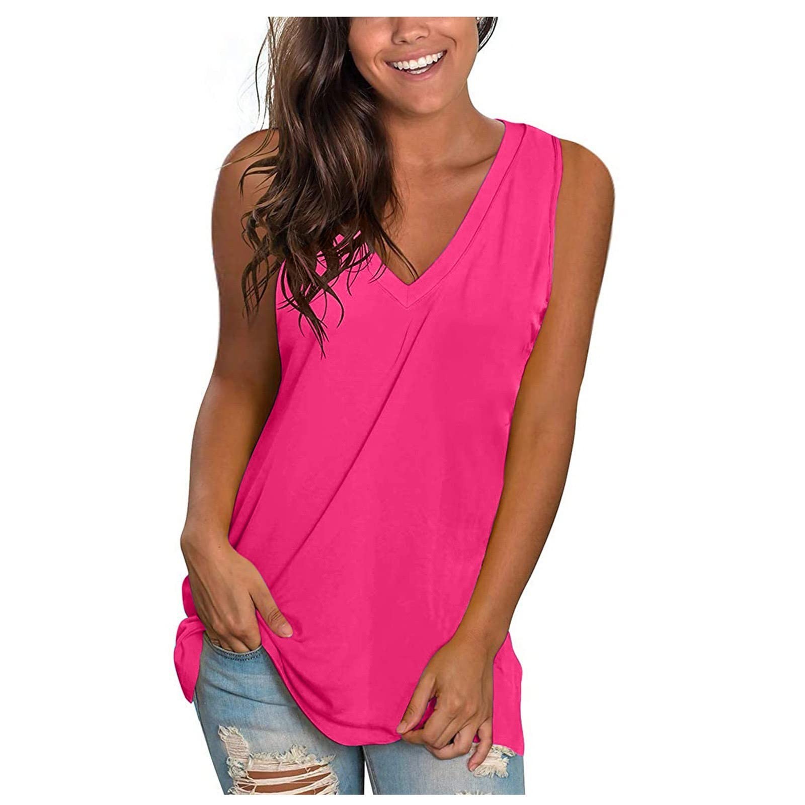 thumbnail image 2 of Camisa sin mangas con cuello en V para mujer para el verano: top informal oversize, poliéster/spandex, moda playera, tallas S-XXXXXL., 2 of 4